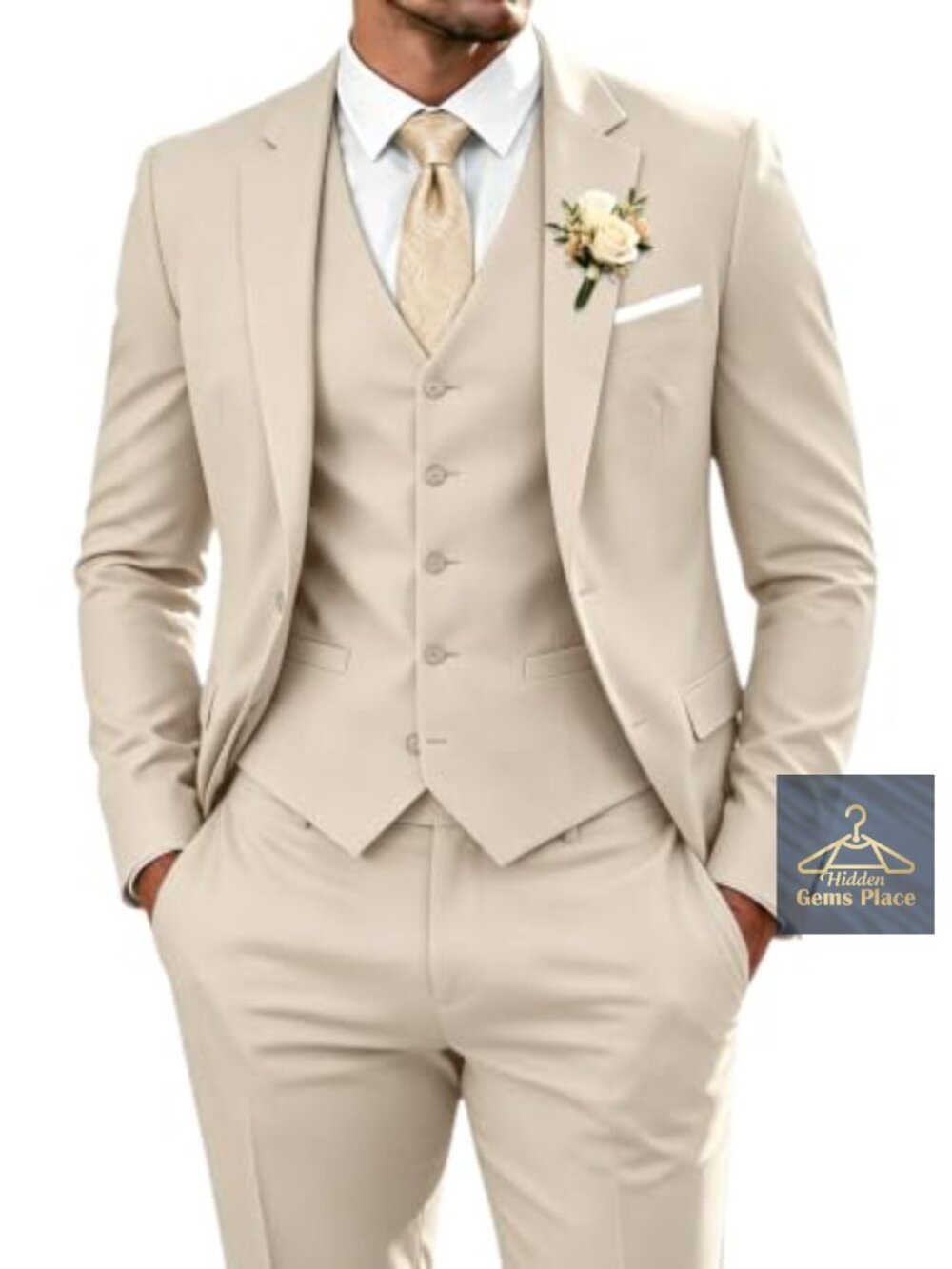 Men's 3 Piece Suit Slim Fit 2-Button Jacket V-Neck Vest Flat-Front Pants Formal